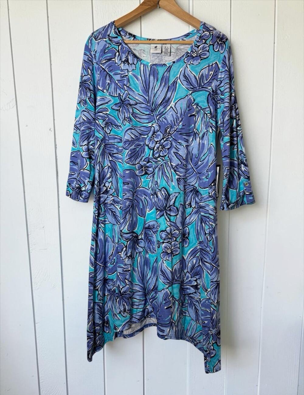 NWT Caribbean Joe Women's Blue Tropical Floral Dress Size L 3/4 Sleeve Coastal